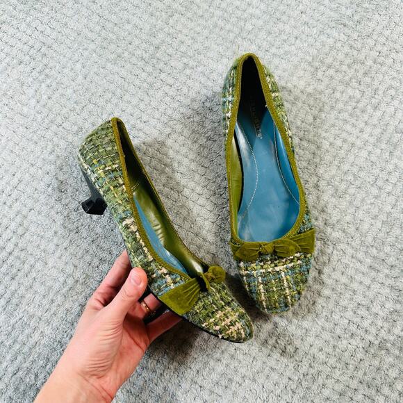 Vintage y2k green plaid tweed round toe kitten heel mary jane bow 9 Highlights - Picture 1 of 5